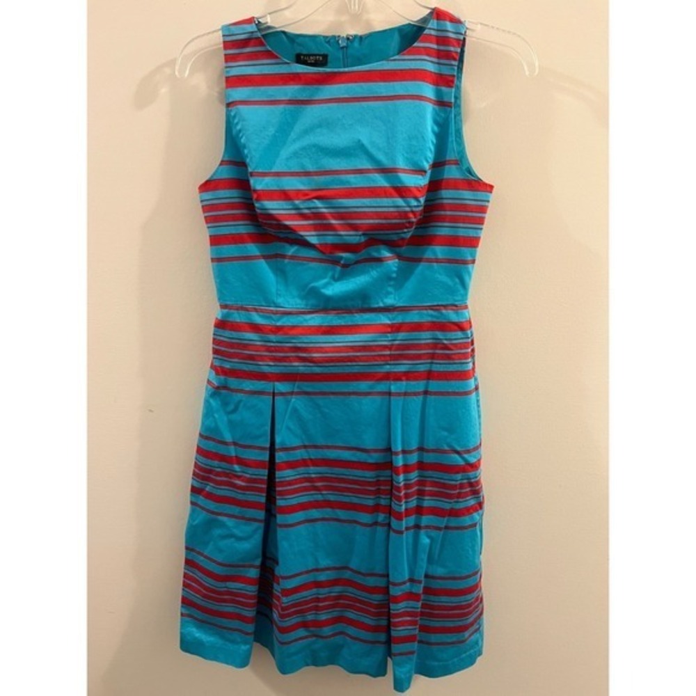 Talbots Petites Blue Red Striped Sleeveless Fit and Flare Dress Size 4P 4 Petite